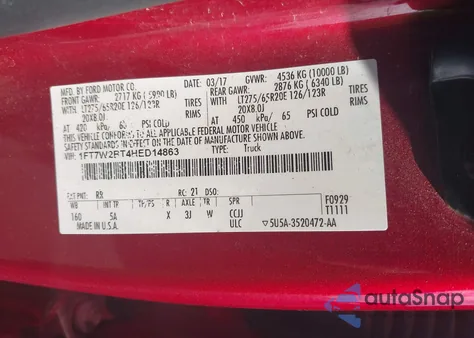 2017 Ford F-250 Lariat из США, поврежденный, VIN 1FT7W2BT4HED14863